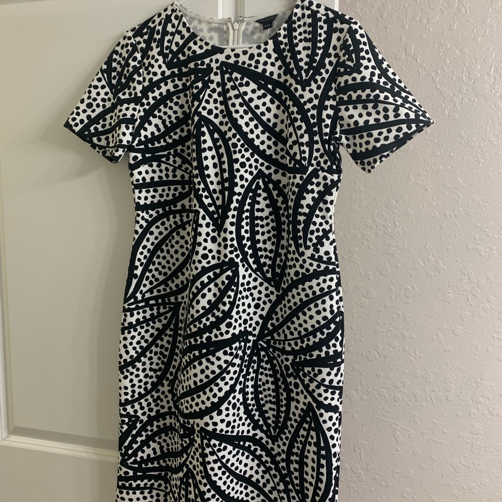 Black and white, leaf and polk dot patterned dress